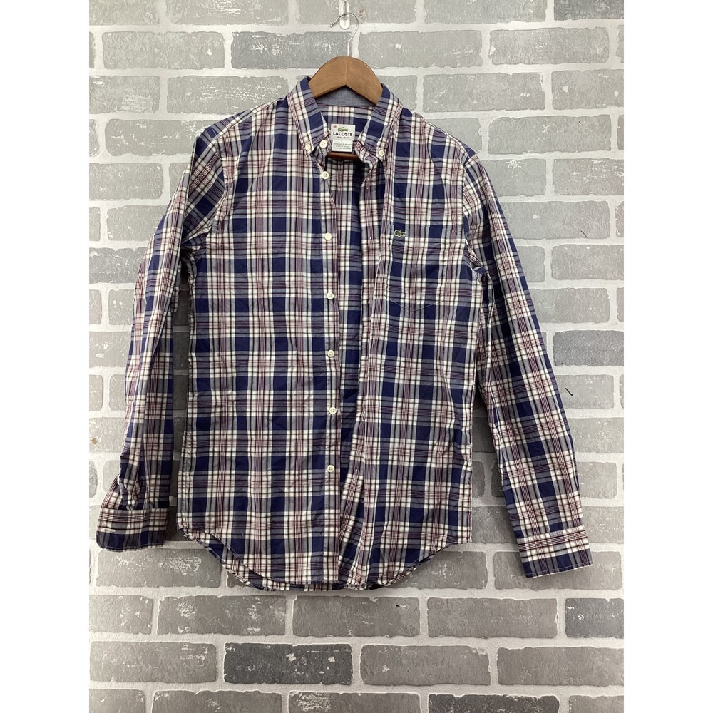 Lacoste Mens Regular Fit Plaid Button Down Shirt Navy Blue Size 38